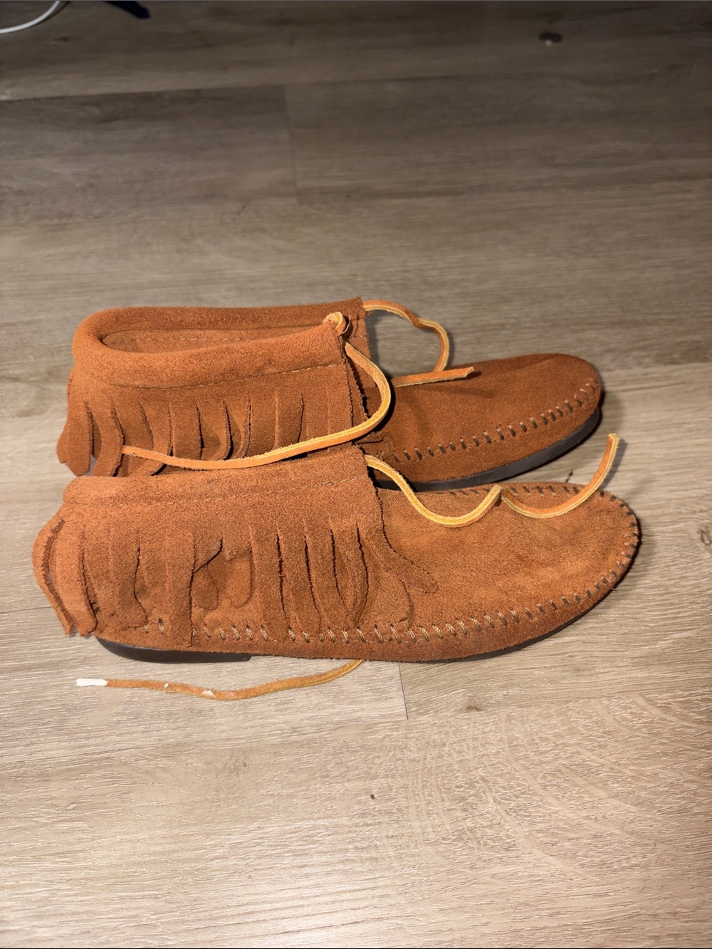 Minnetonka Rust Suede Fringe Moccasins